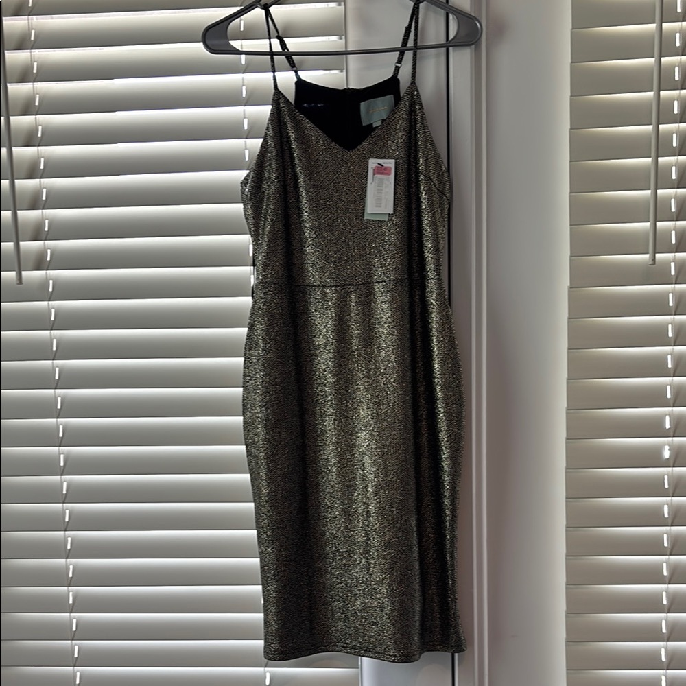 Skies Are Blue Metallic Gold Midi Dress